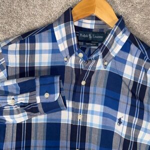Polo Ralph Lauren Men's S Custom Fit Plaid Button Shirt Blue White Navy Cotton